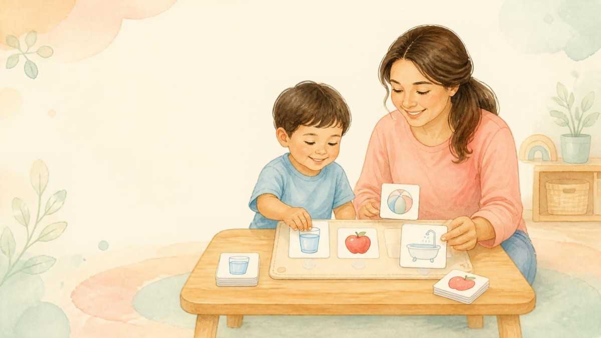 Mamá y niño con autismo usando tarjetas de pictogramas